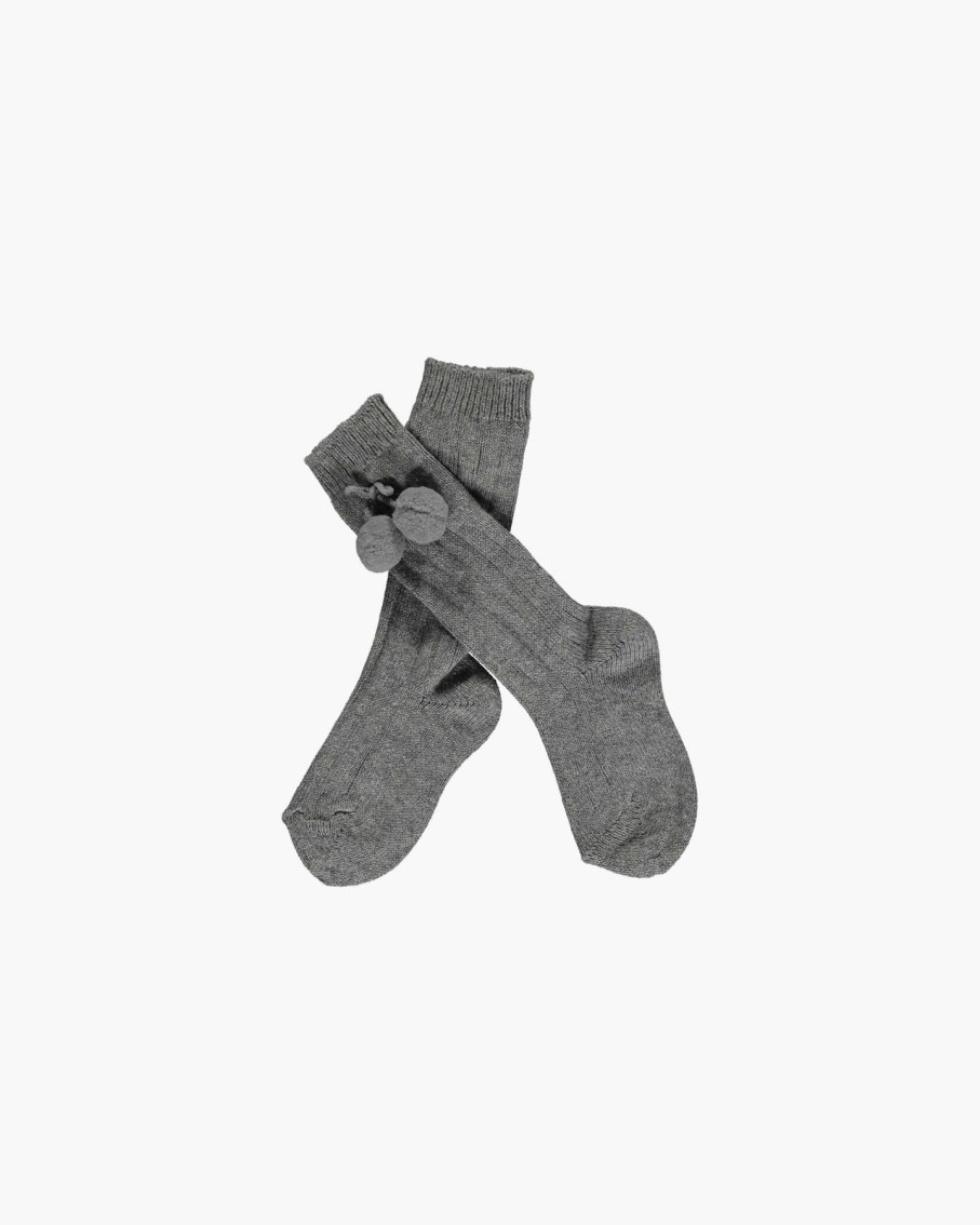 Accessories Amaia Kids | Ribbed High Knee Pom Pom Socks Grey