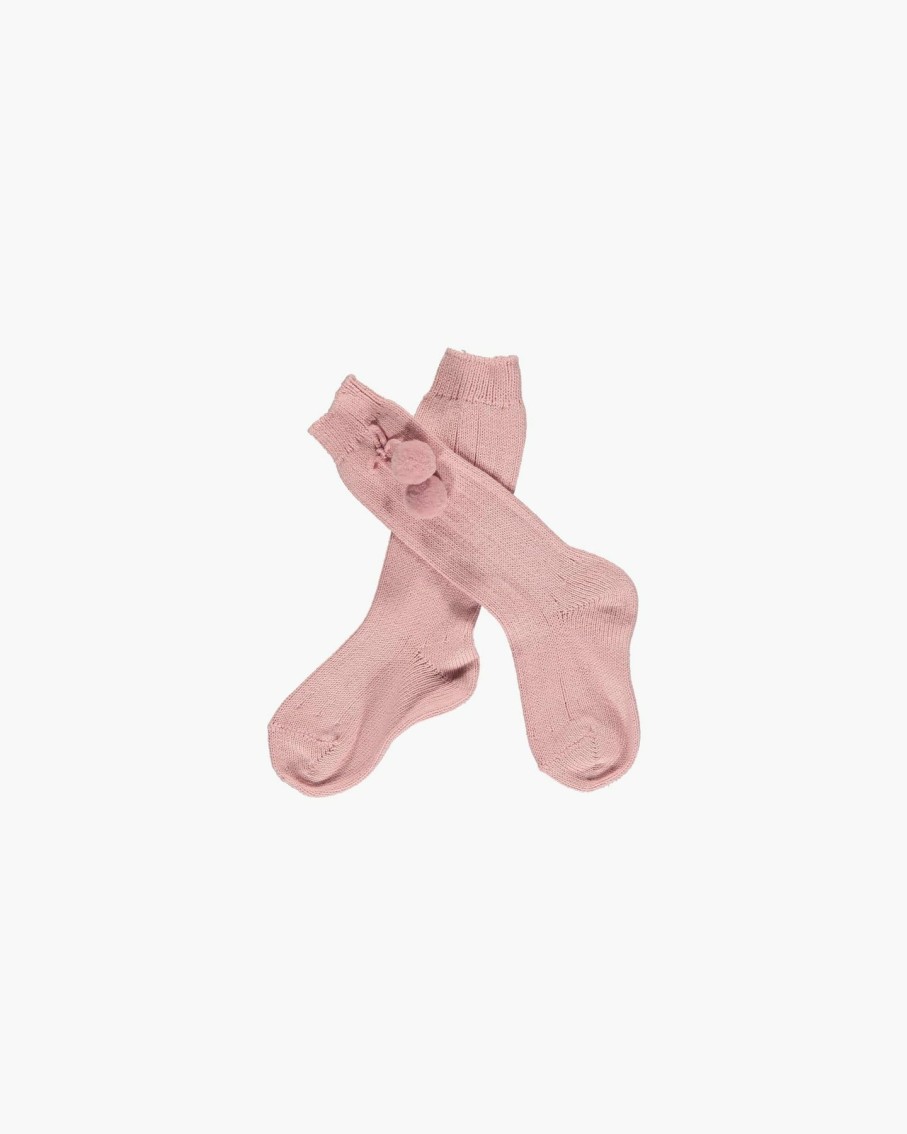 Accessories Amaia Kids | Ribbed High Knee Pom Pom Socks Pink