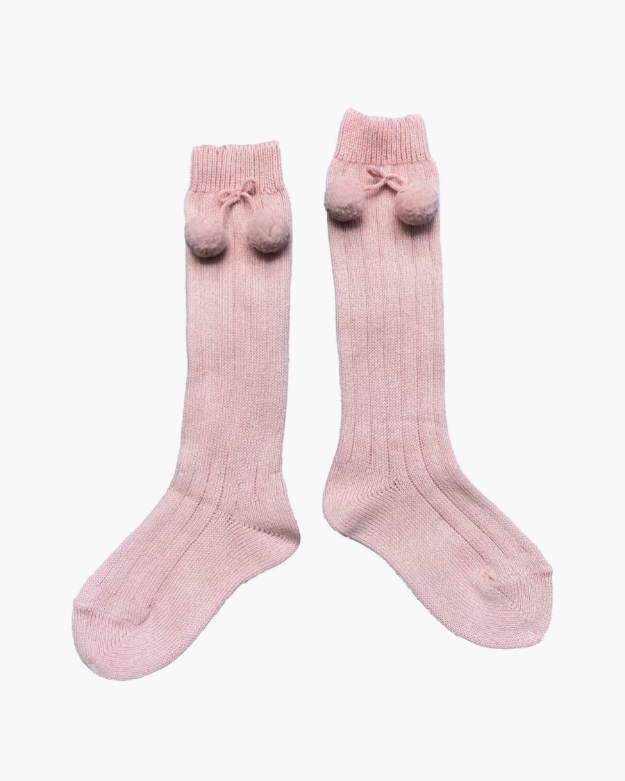 Accessories Amaia Kids | Ribbed High Knee Pom Pom Socks Pink