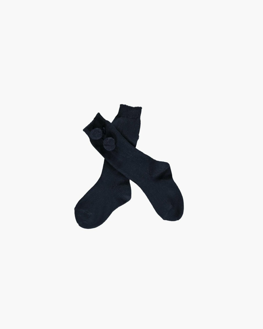 Accessories Amaia Kids | Ribbed High Knee Pom Pom Socks Navy