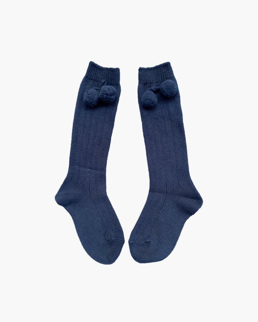 Accessories Amaia Kids | Ribbed High Knee Pom Pom Socks Navy